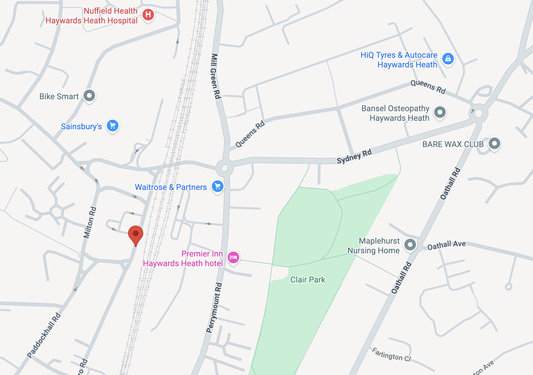 Map showing Barclay Court on Market Place, Haywards Heath, with the town centre, Waitrose, Clair Park and the surrounding roads