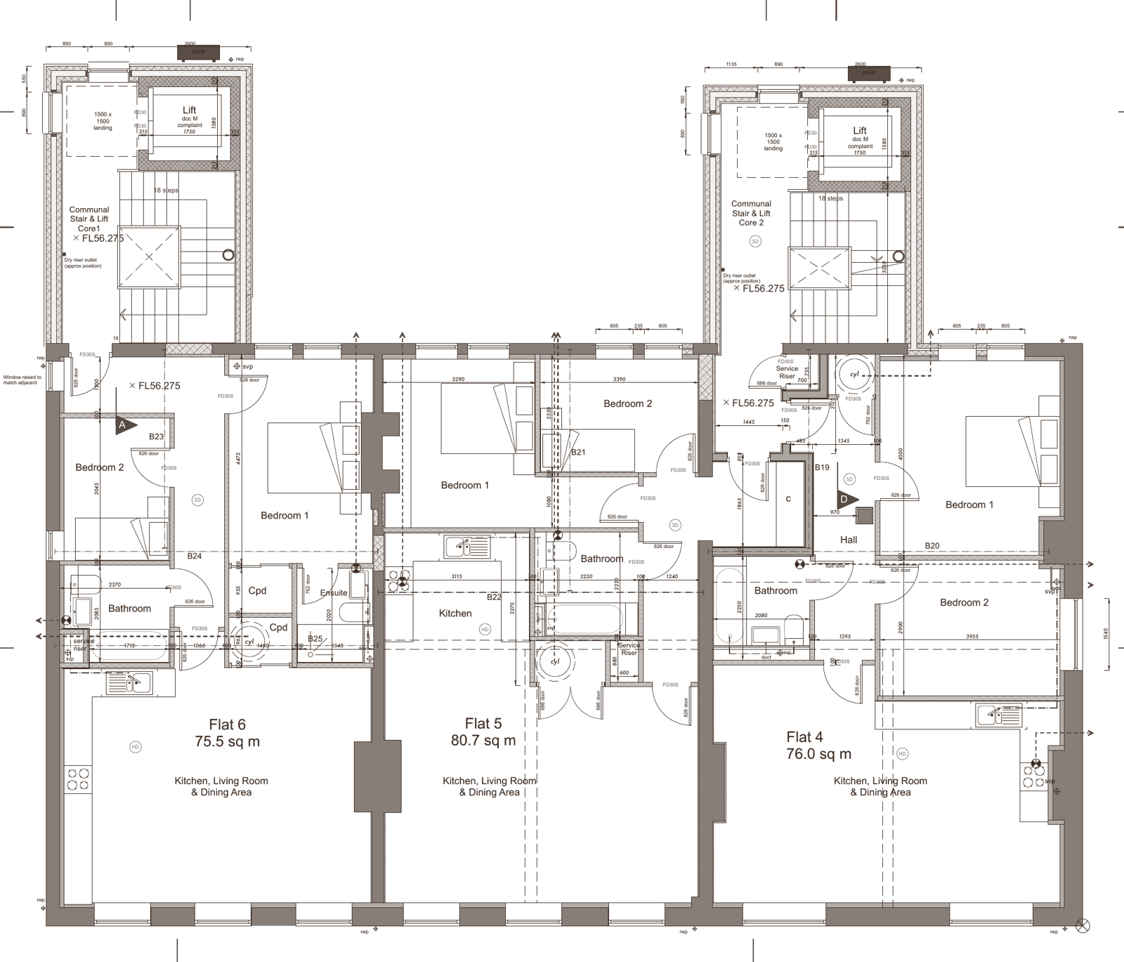 First floor plan showing apartments 4, 5 and 6