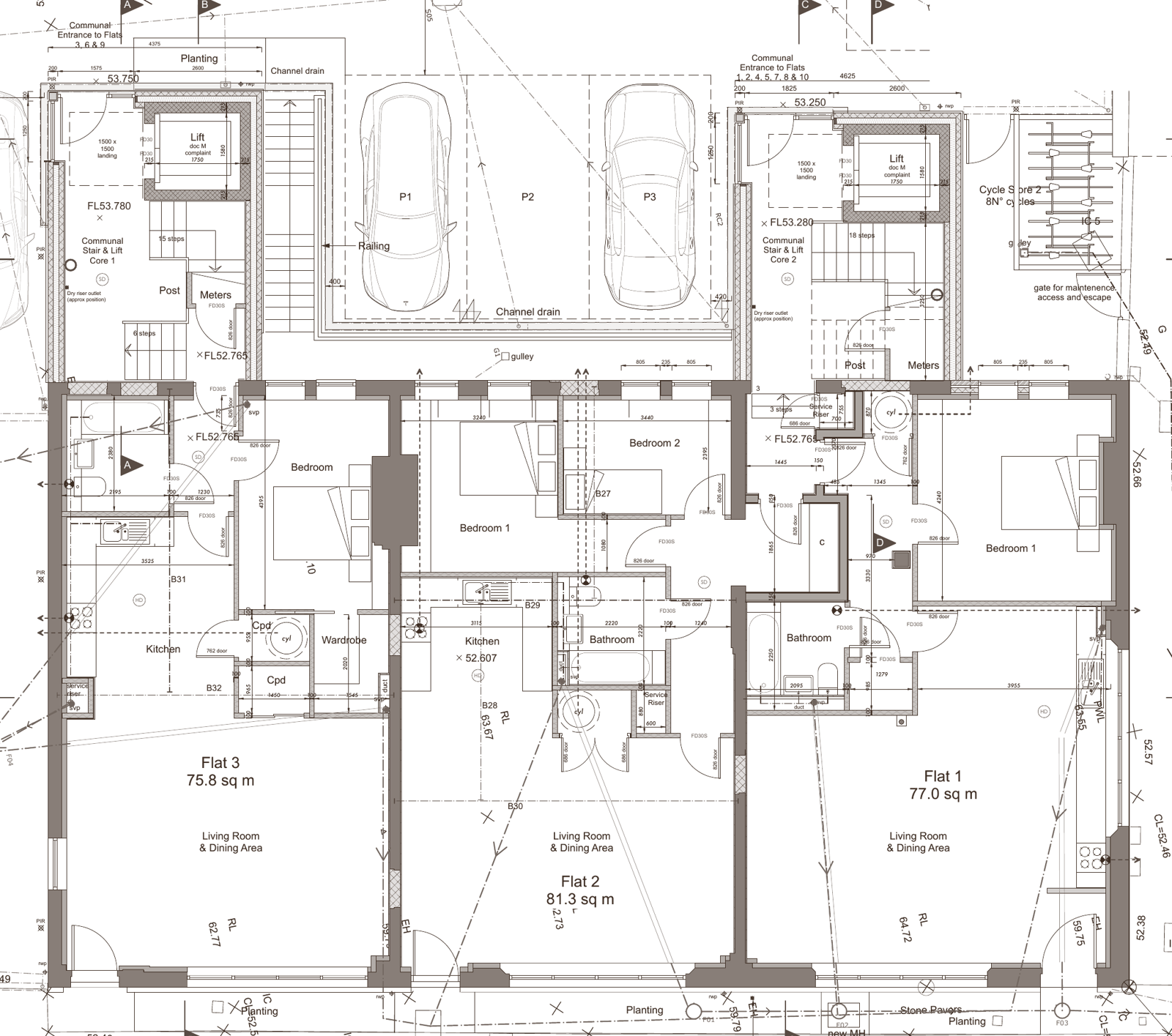Ground floor plan showing apartments 1, 2 and 3