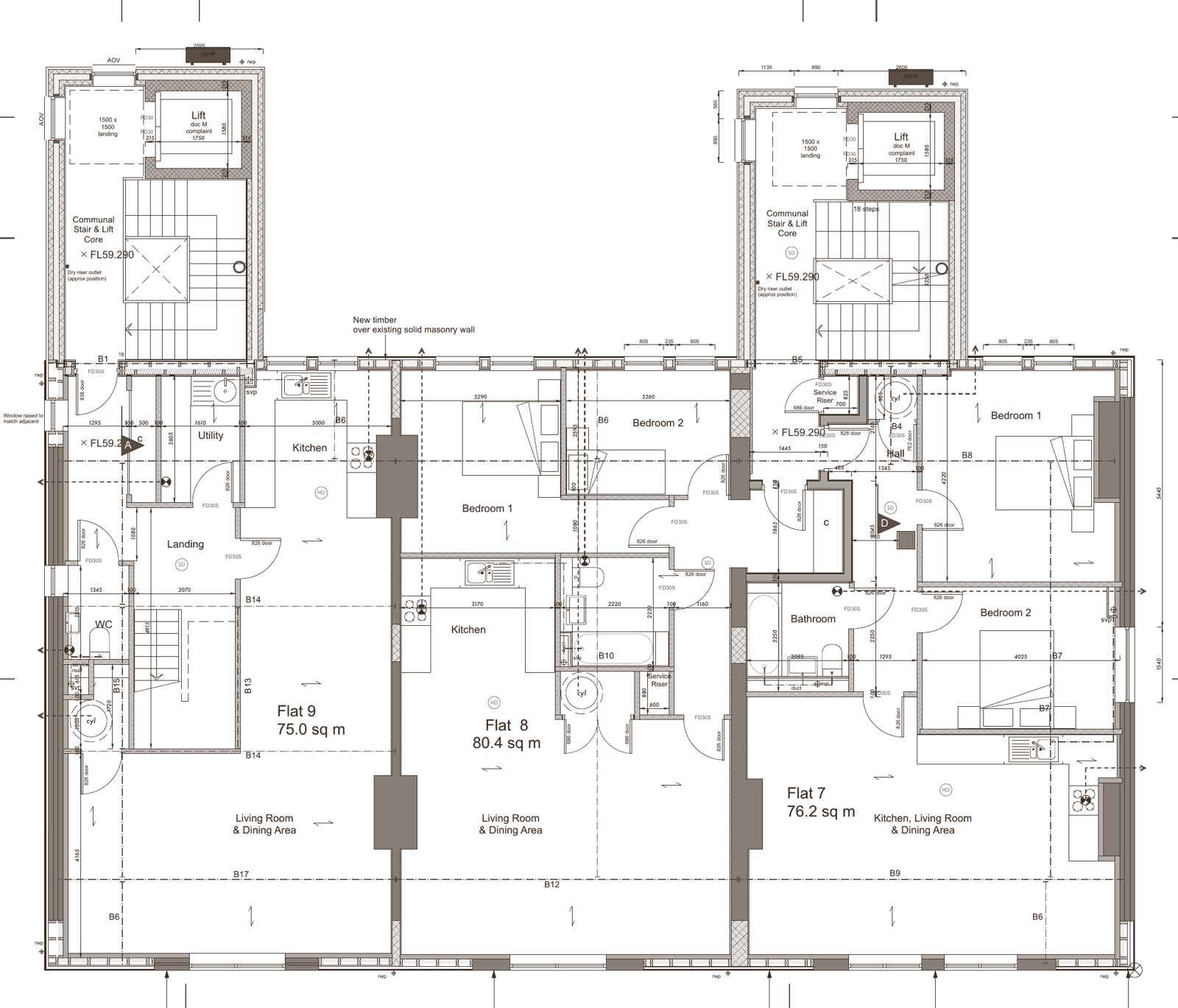 Second floor plan showing apartments 7, 8 and the lower level of duplex apartment 9