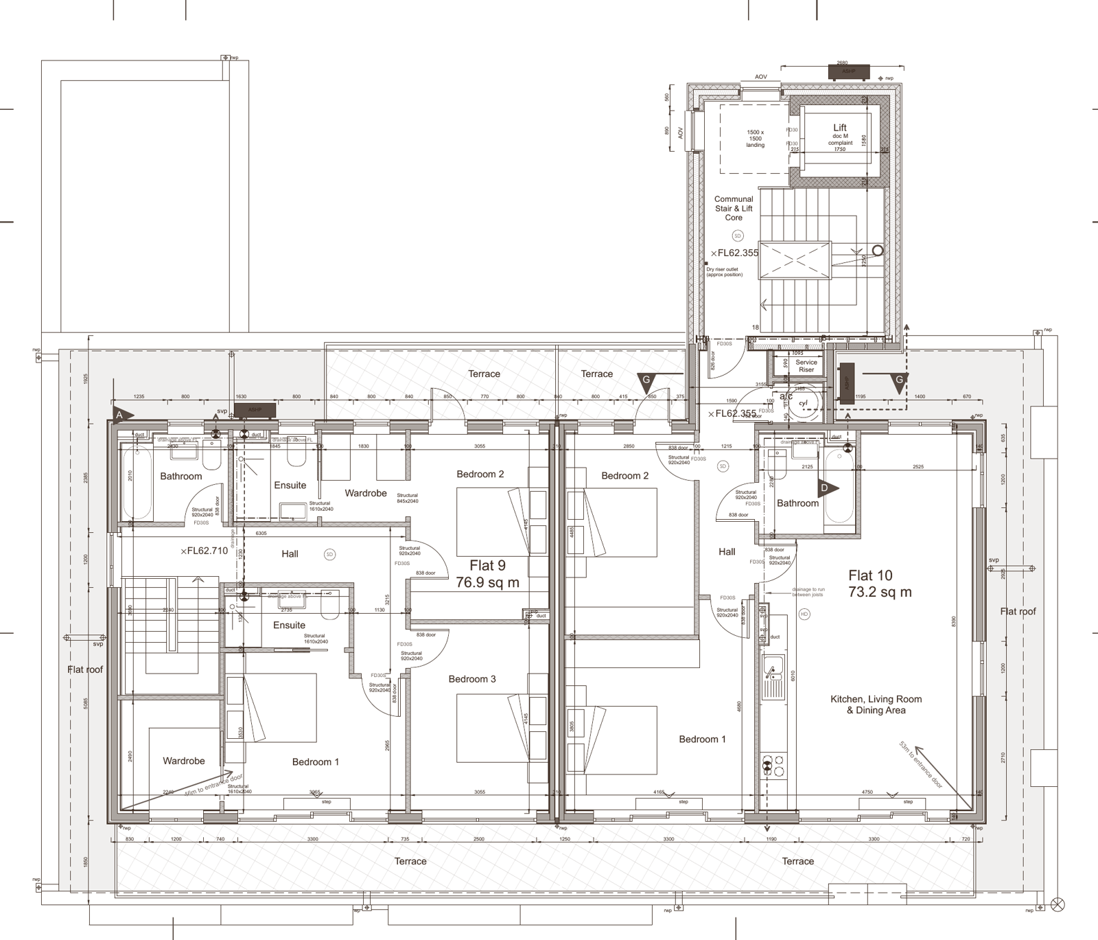 Third floor plan showing the upper level of duplex apartment 9 and penthouse apartment 10